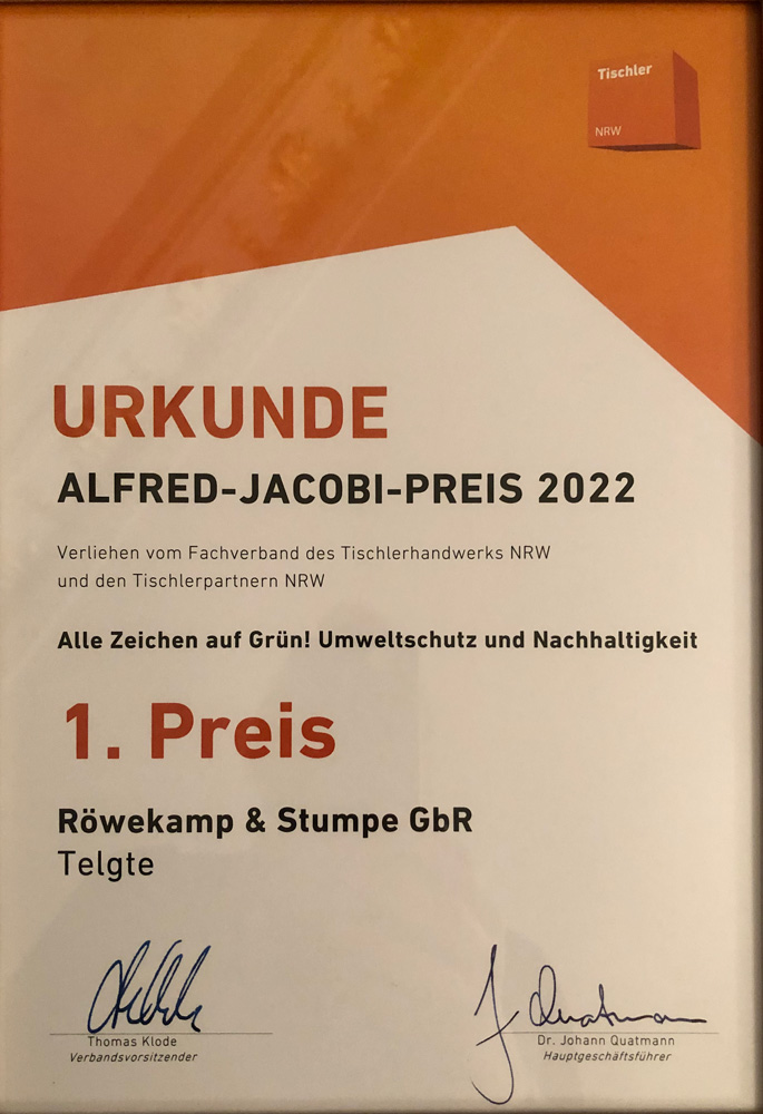 Erster Platz: Alfred-Jacobi-Preis des Fachverbands TischlerNRW für Telgter Tischlerei